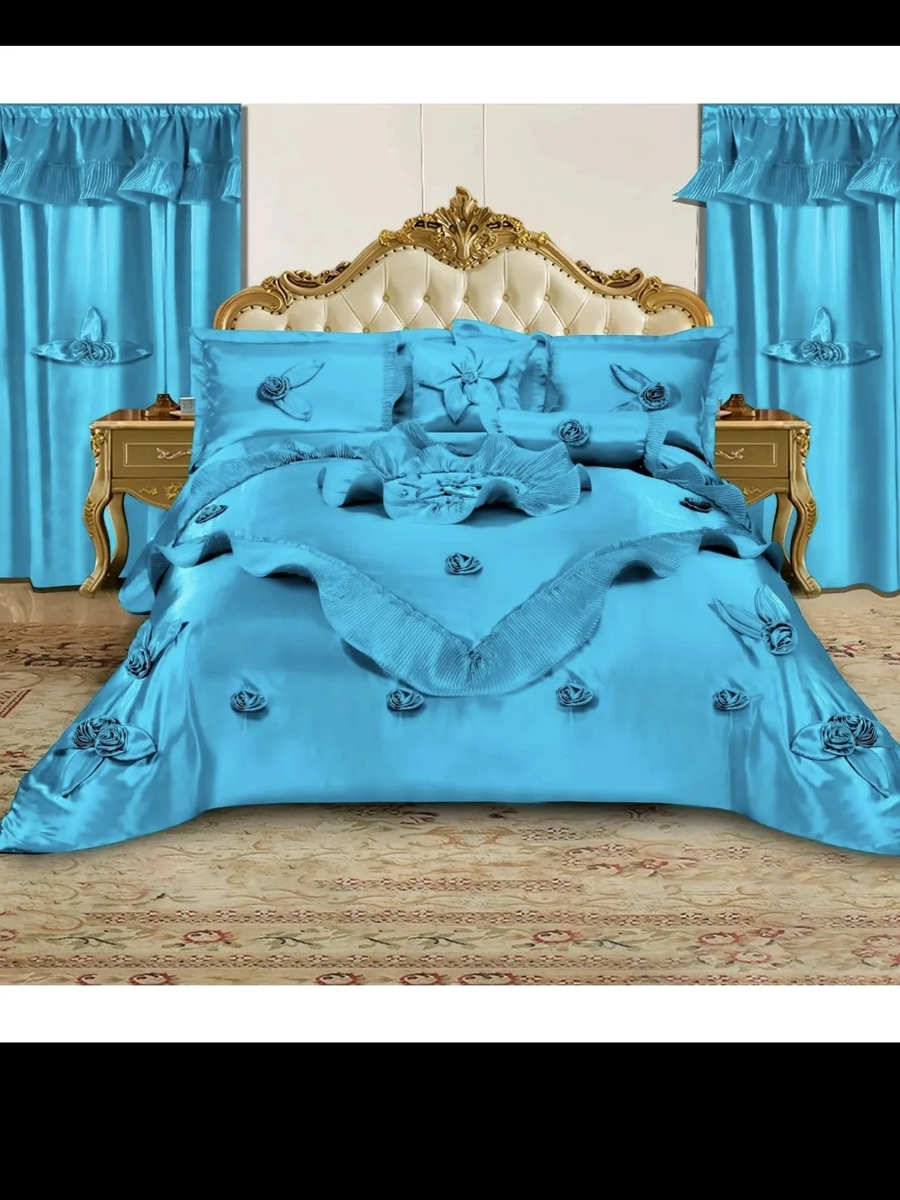 Turquoise Satin Comforter Set with Rosette Accents by